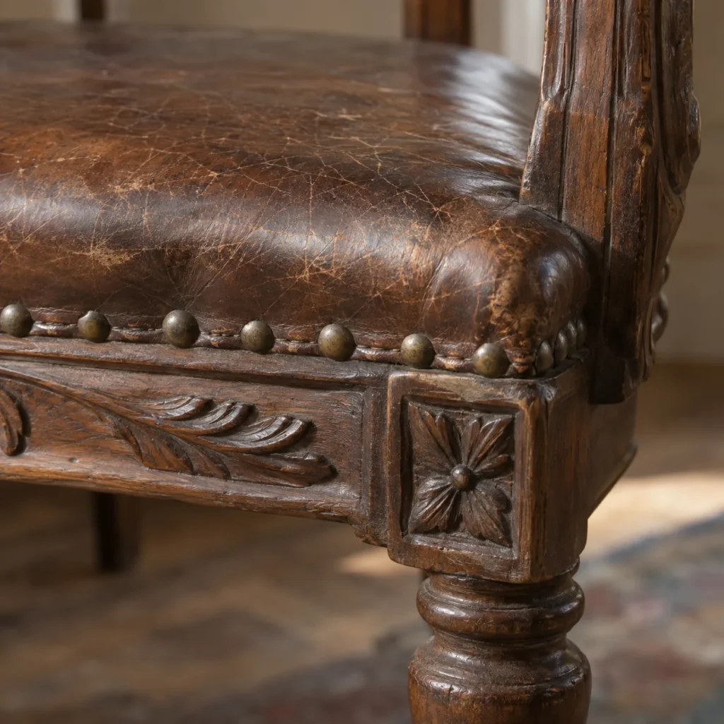 Carved wood frame under an antique leather seat
