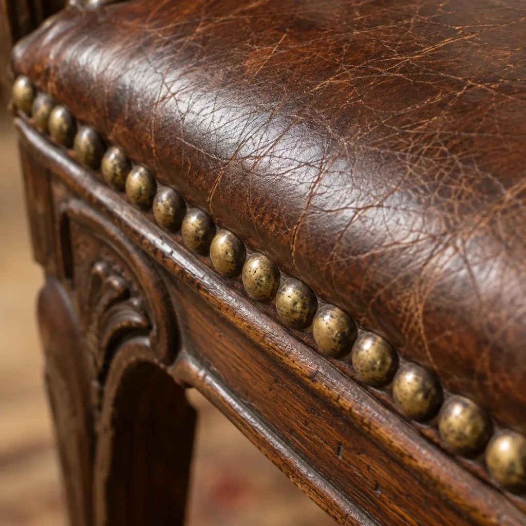 Row of original brass nailheads along an antique leather seat