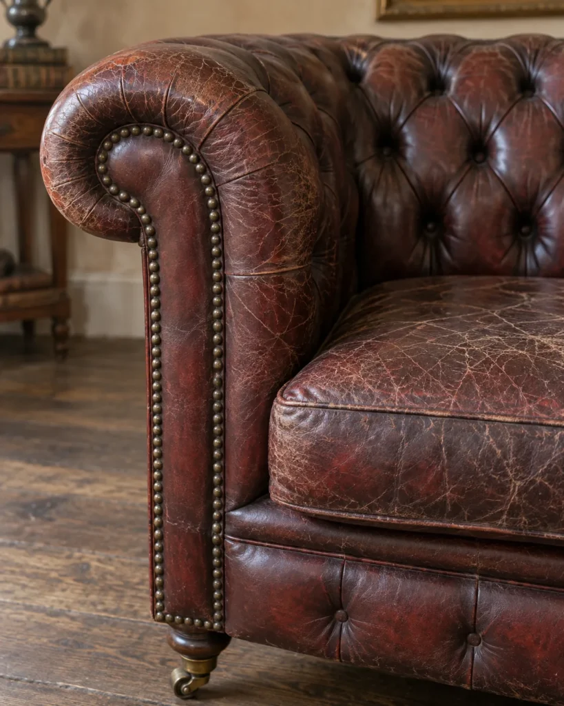 Antique oxblood chesterfield arm with cracked leather