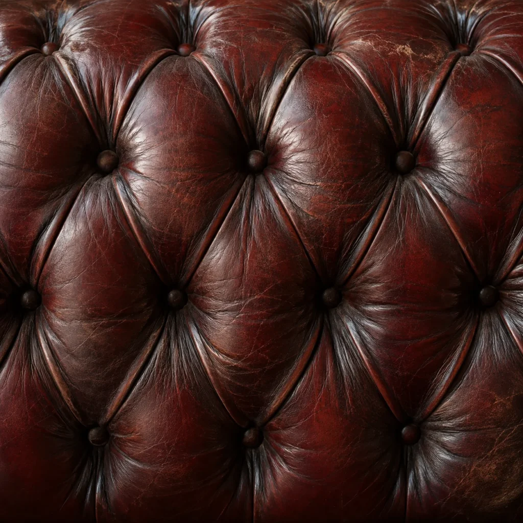 Deep buttoning on an oxblood antique chesterfield