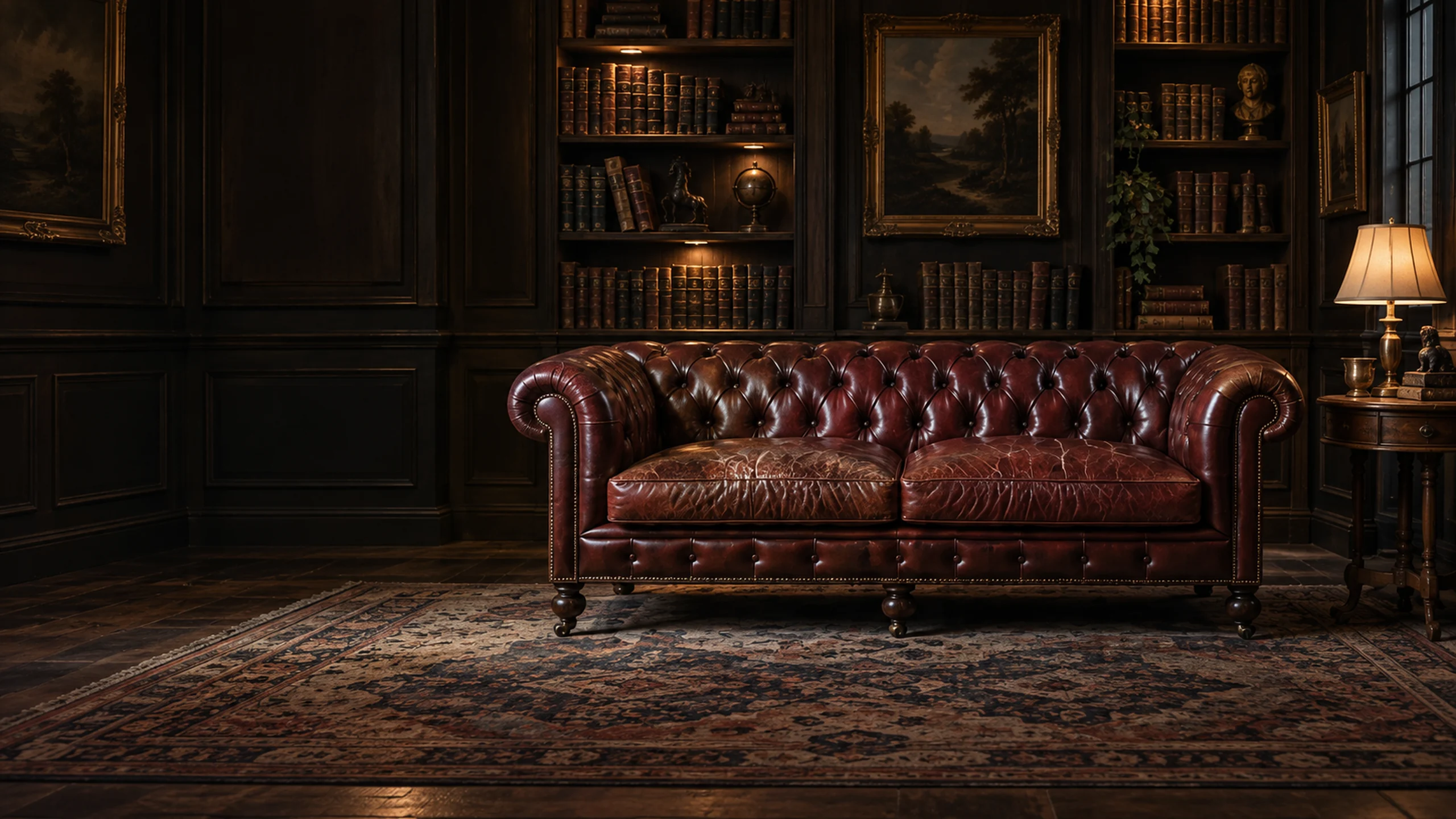 Antique leather furniture restoration Chicago: buttoned oxblood chesterfield in a dark paneled study