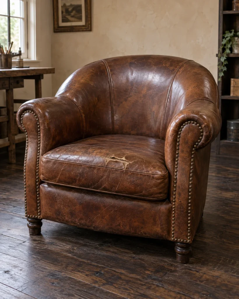 Antique club chair with a torn leather seat