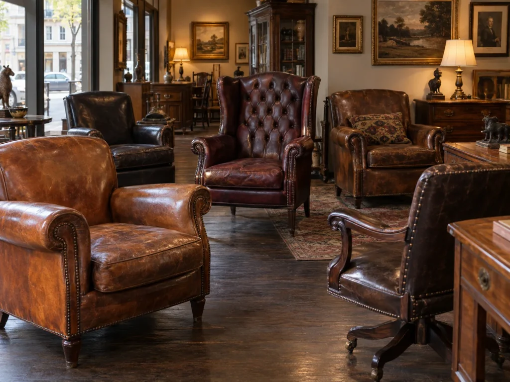 Antique shop floor crowded with old leather club chairs and a desk chair