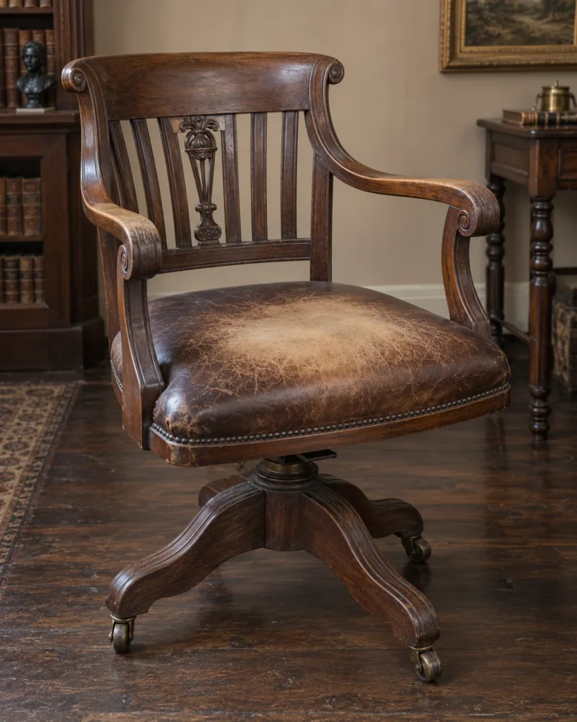 Antique swivel desk chair with faded leather