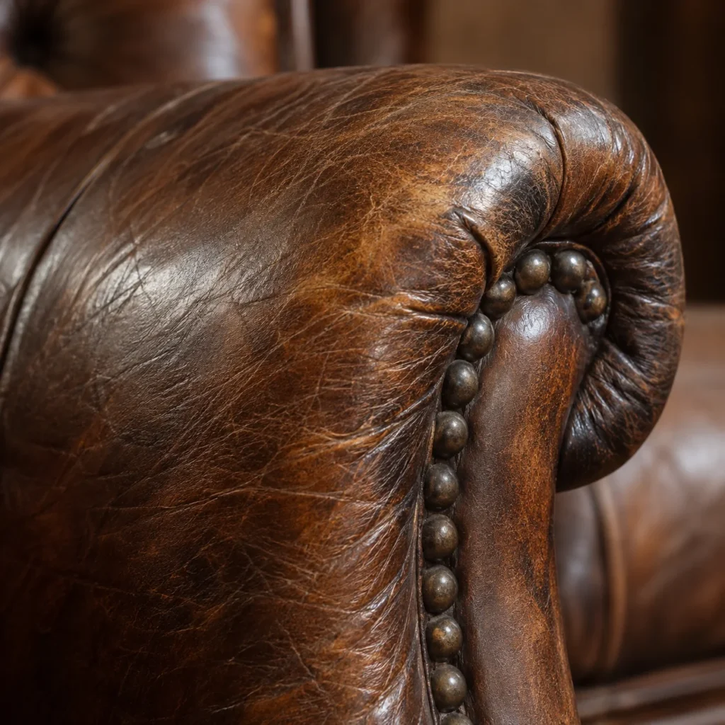 Close-up of dark patina on the rolled arm of an antique leather chair