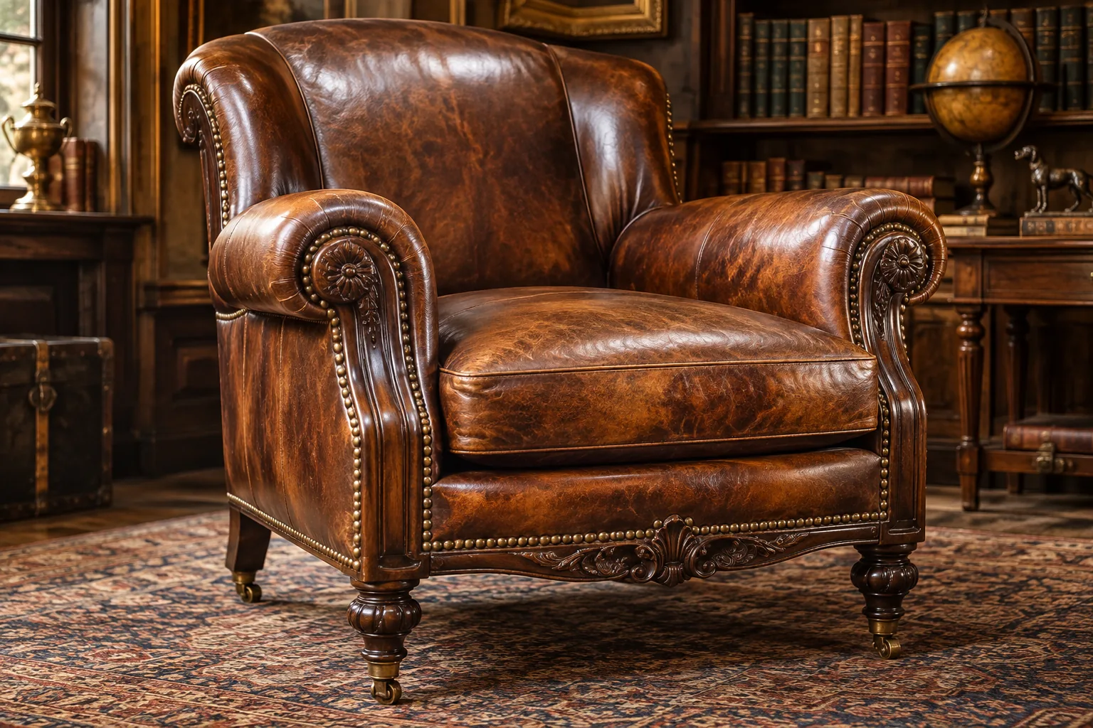 Brown leather wingback chair beside library shelves