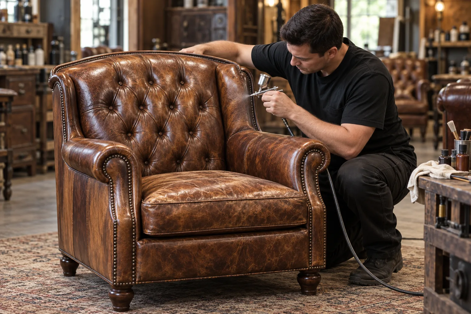 An antique leather chair being restored in the workshop
