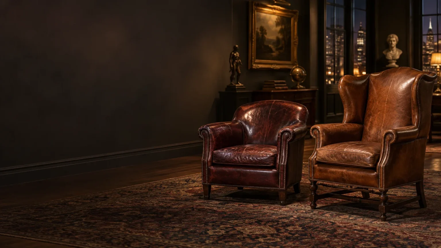 Two restored antique leather armchairs in a gallery in the evening