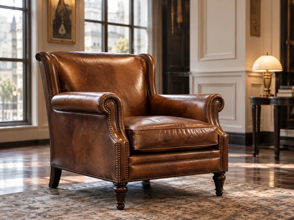 Restored antique leather wing chair in a traditional room