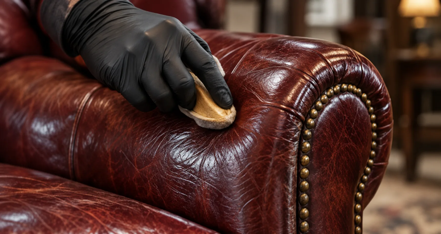 An oxblood leather armchair part-way through restoration