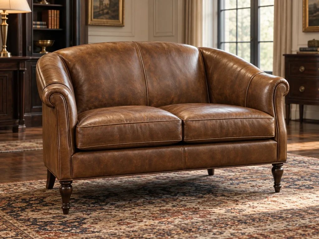 Restored brown leather settee on an Oriental rug in a traditional living room