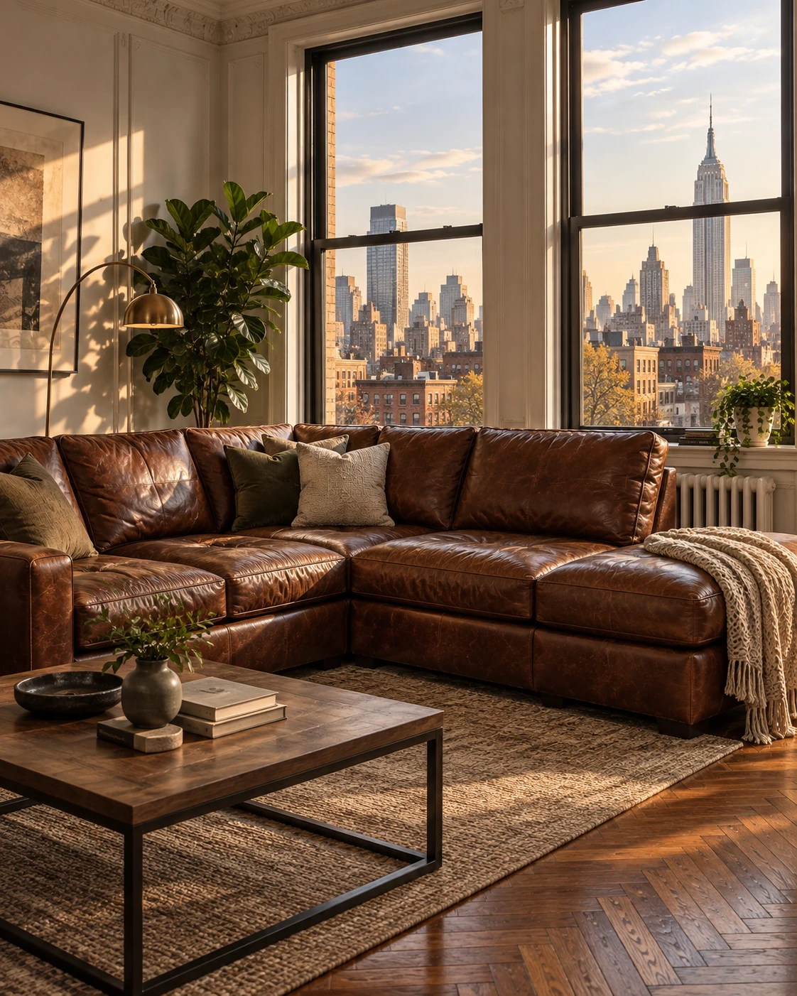 Leather sectional in a corner of an apartment