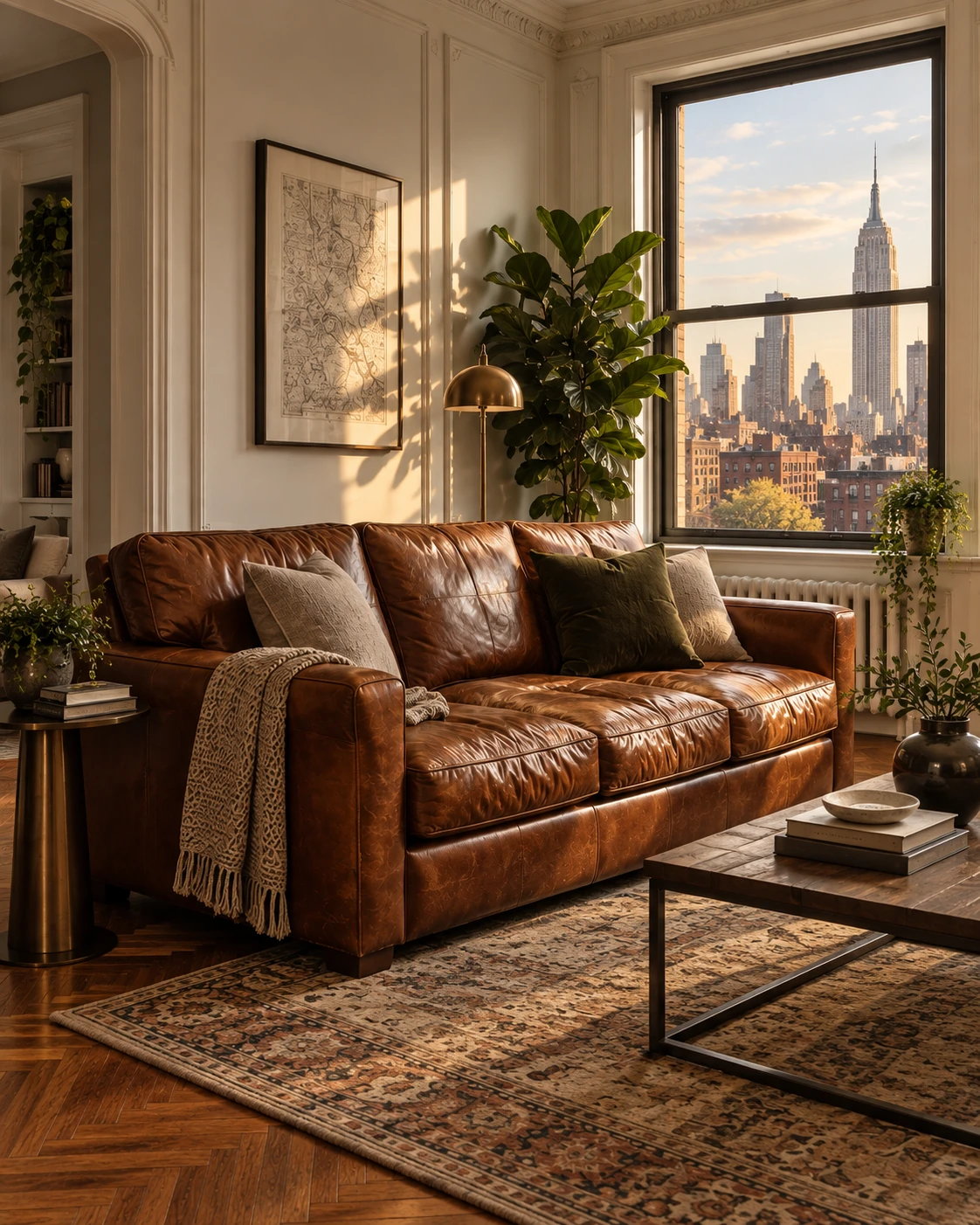 A leather sofa in a furnished rental apartment