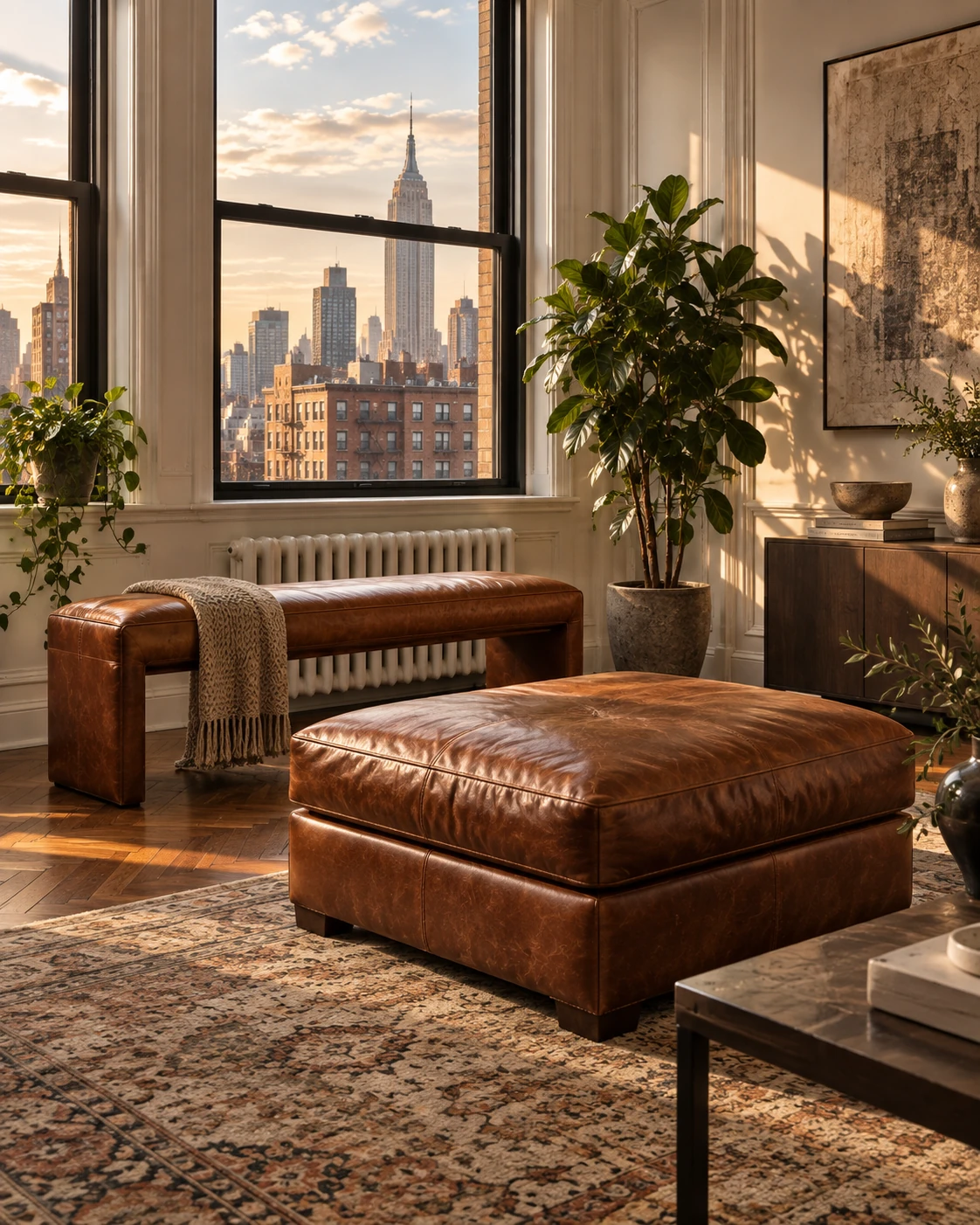 An ottoman and bench in an apartment
