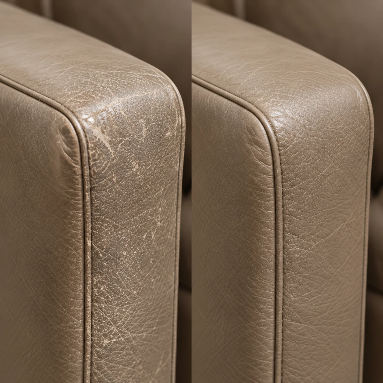 A worn taupe leather armrest before and after colour matching