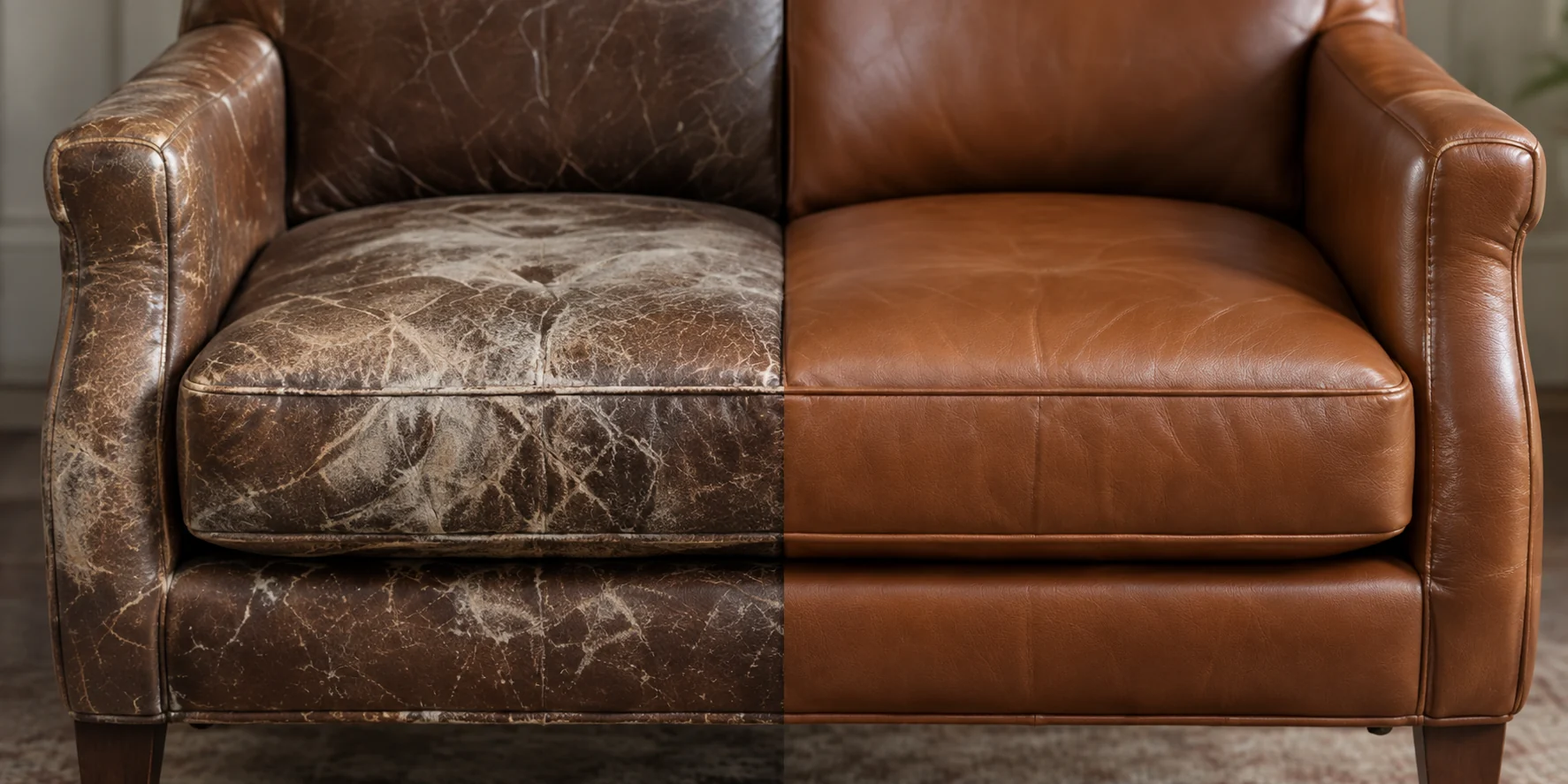 Arhaus leather sofa repair before and after — a dried, cracked club chair and the same chair with the finish restored