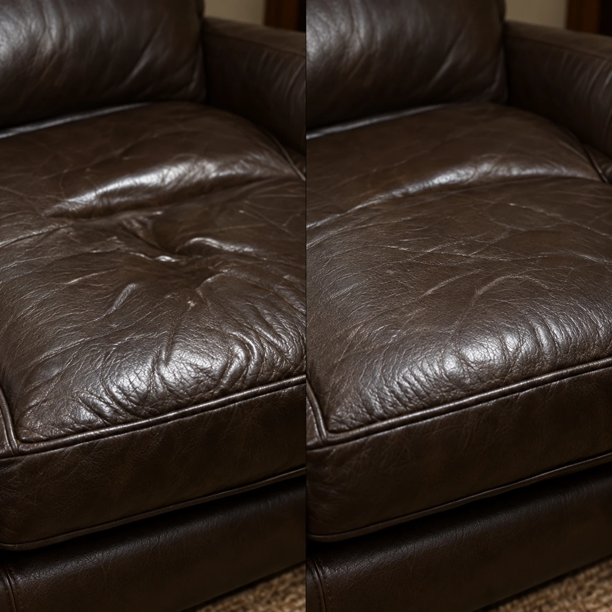 A collapsed dark brown leather seat cushion before and after refilling
