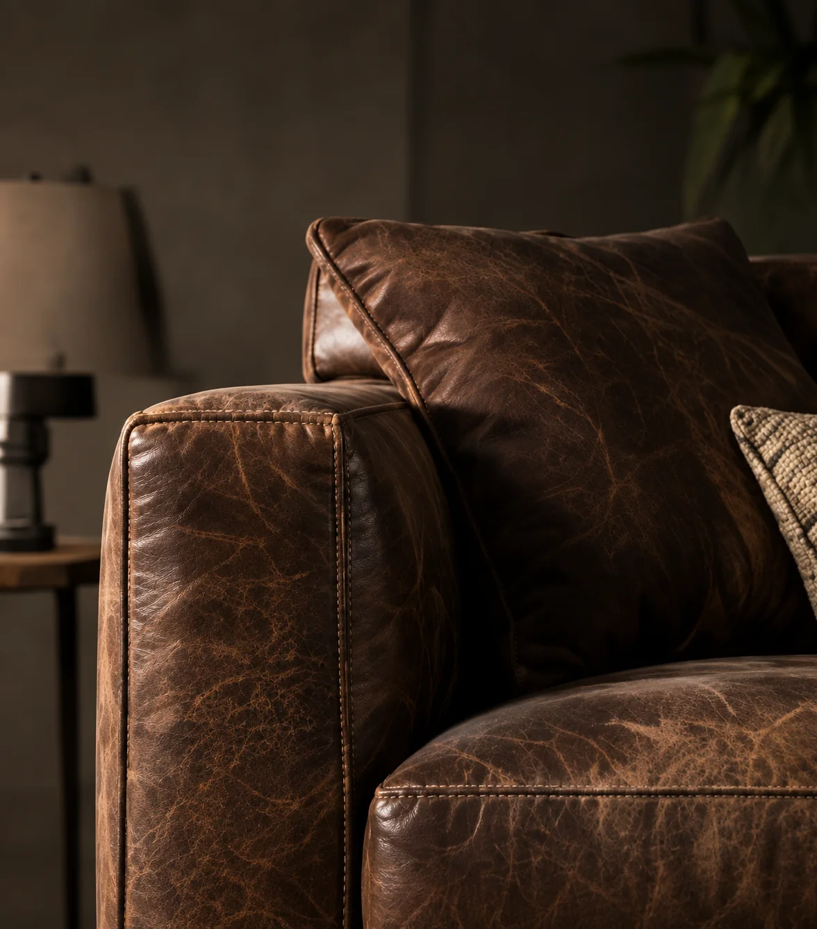 Dark brown leather sofa with deep seat cushions