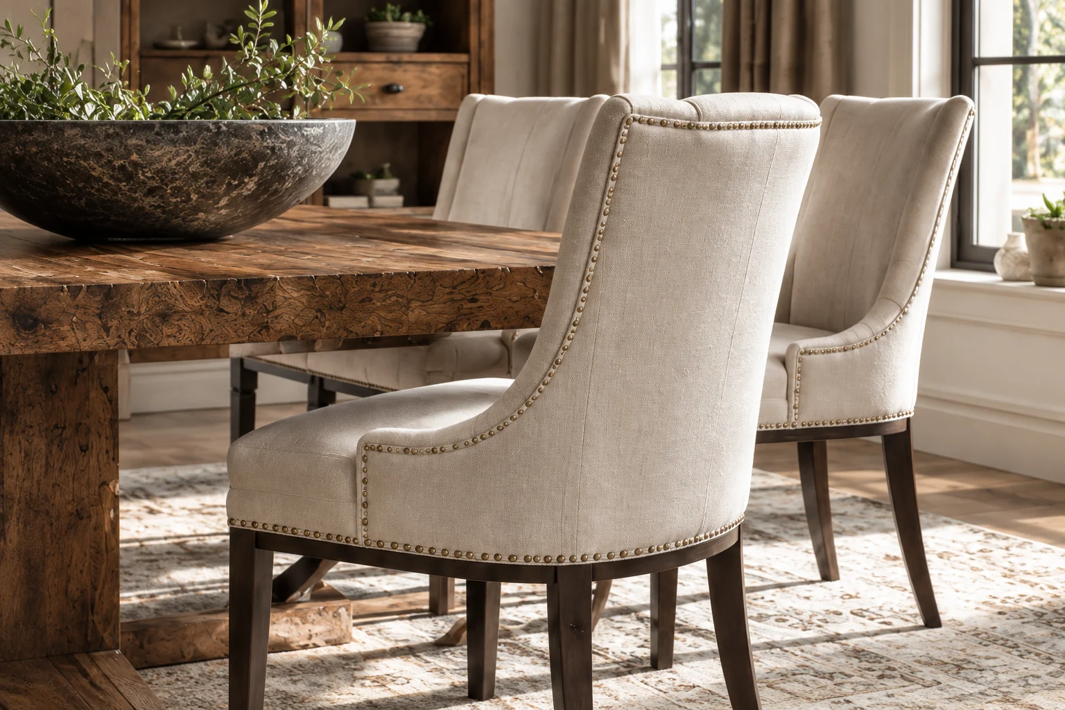 Upholstered dining chairs with nailhead trim around a reclaimed wood table