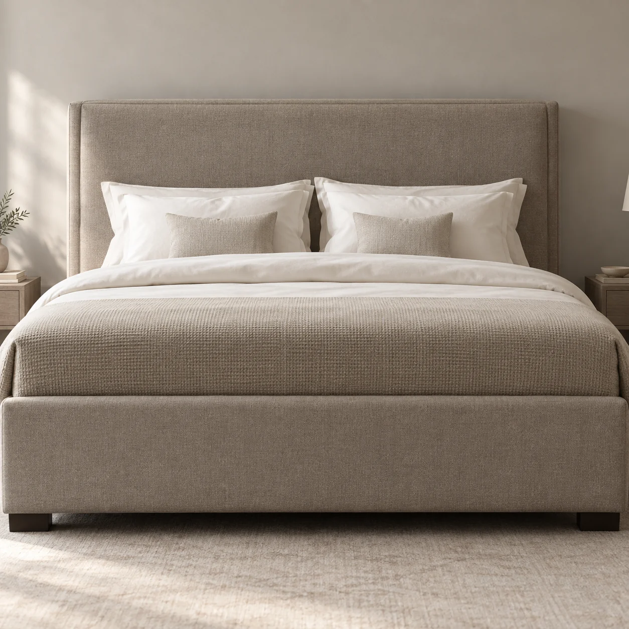 An upholstered bed with a tall wingback headboard