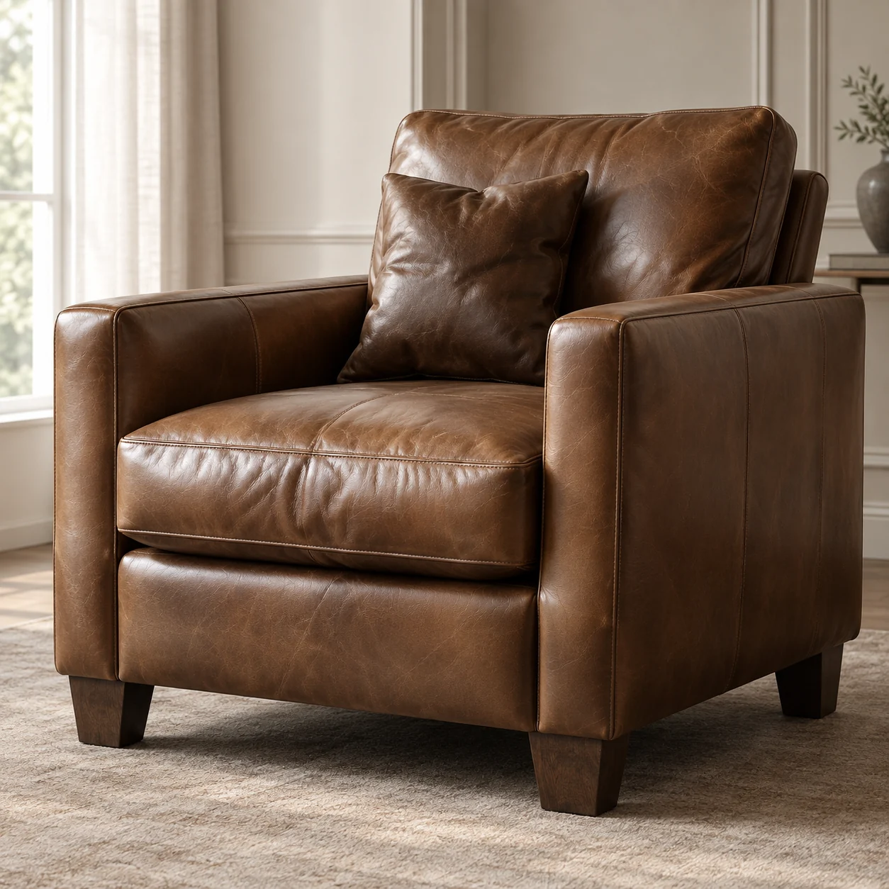 A brown leather club chair with a matching leather pillow