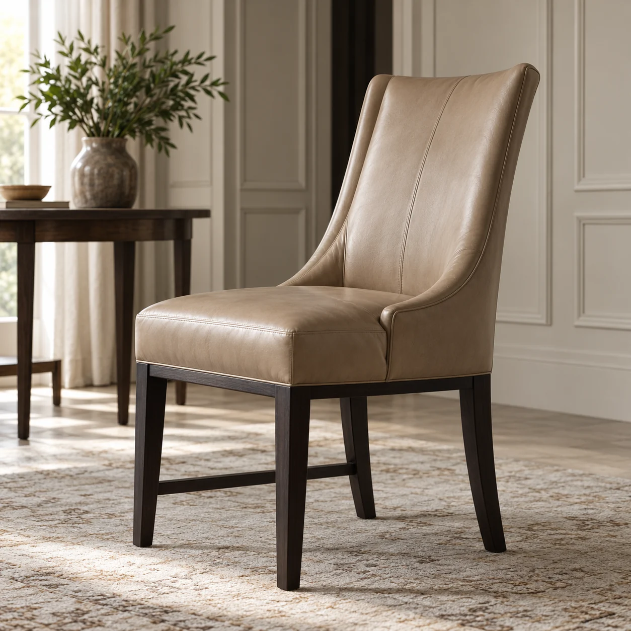 A taupe leather dining chair on a dark wood frame