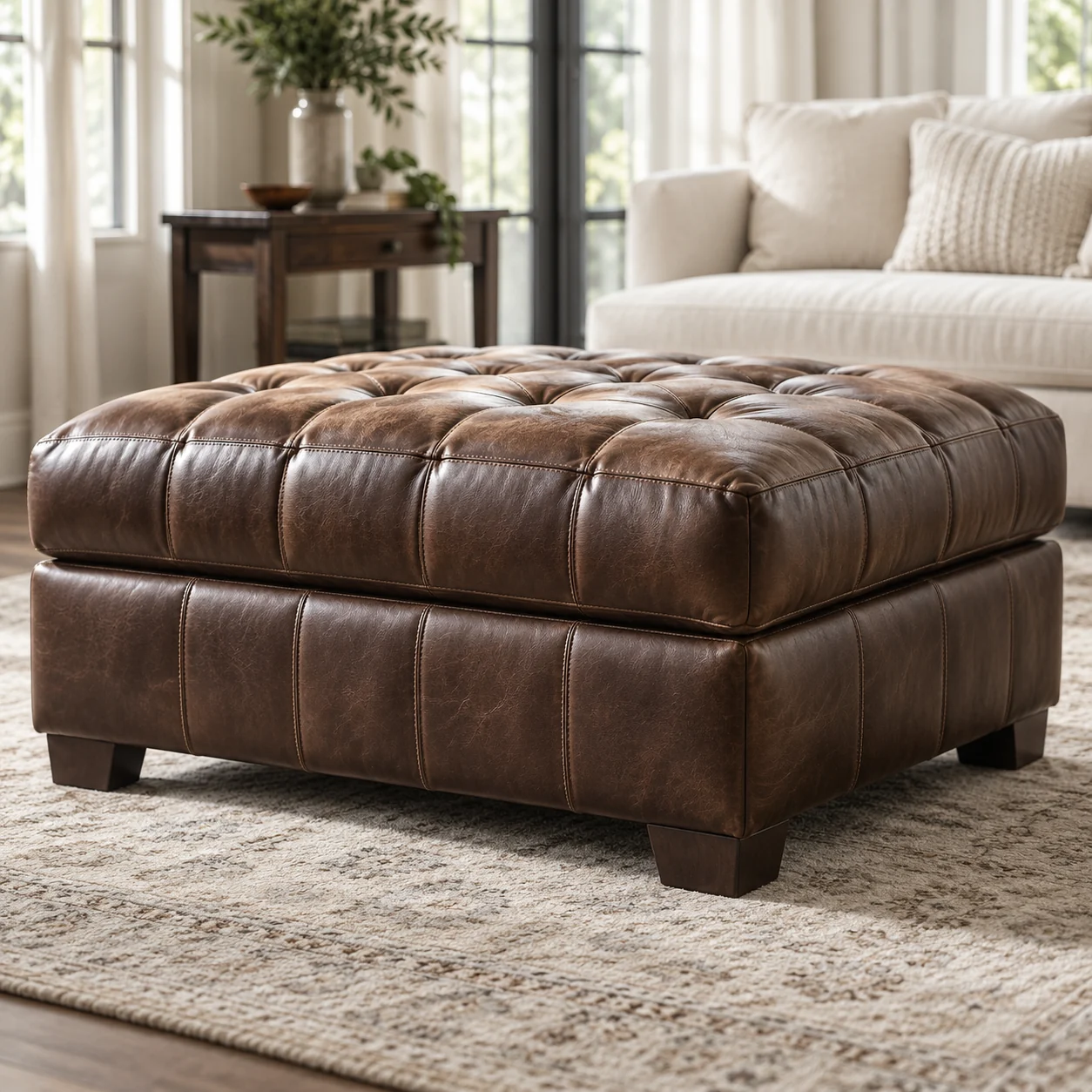 A tufted brown leather cocktail ottoman