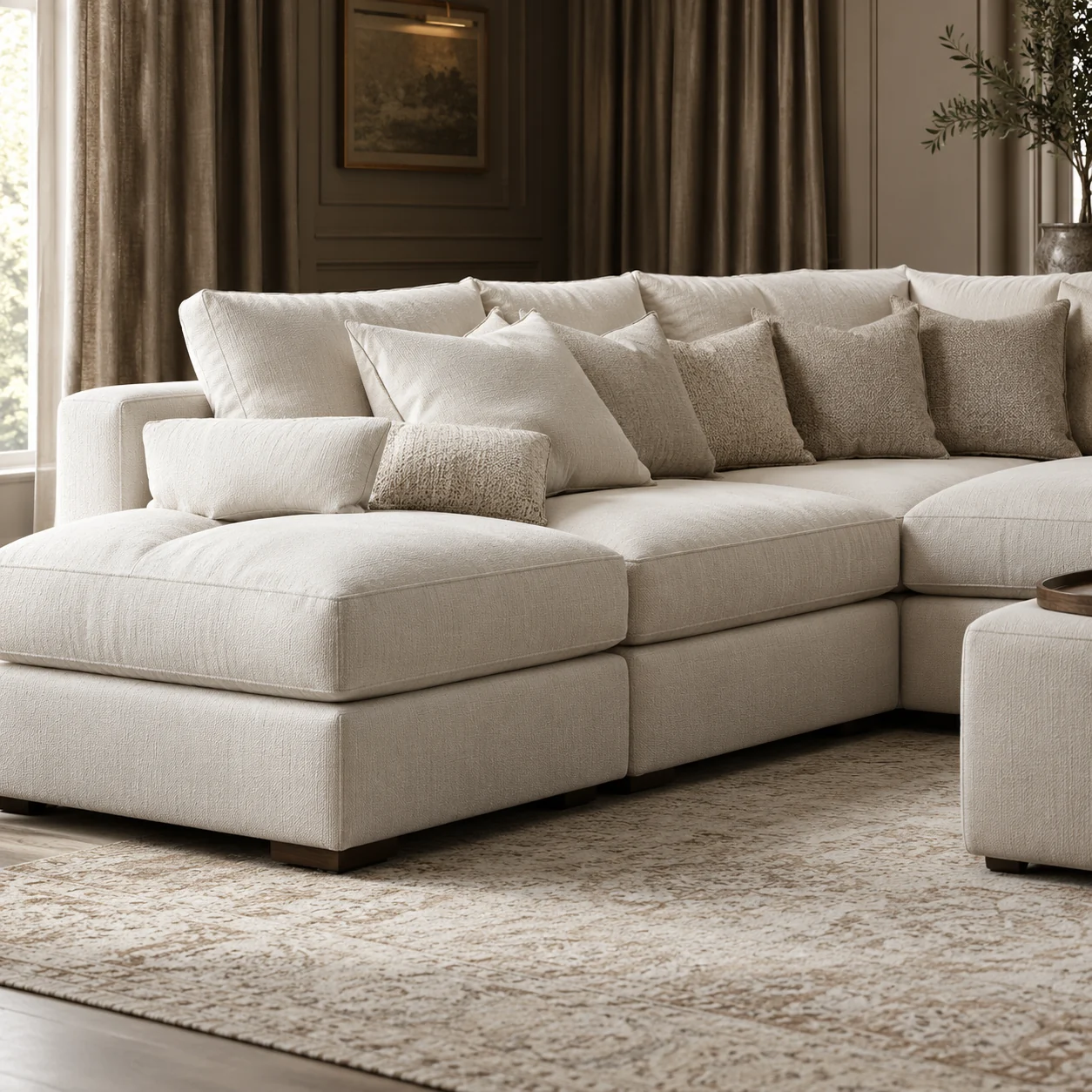 A deep cream upholstered sectional with a chaise