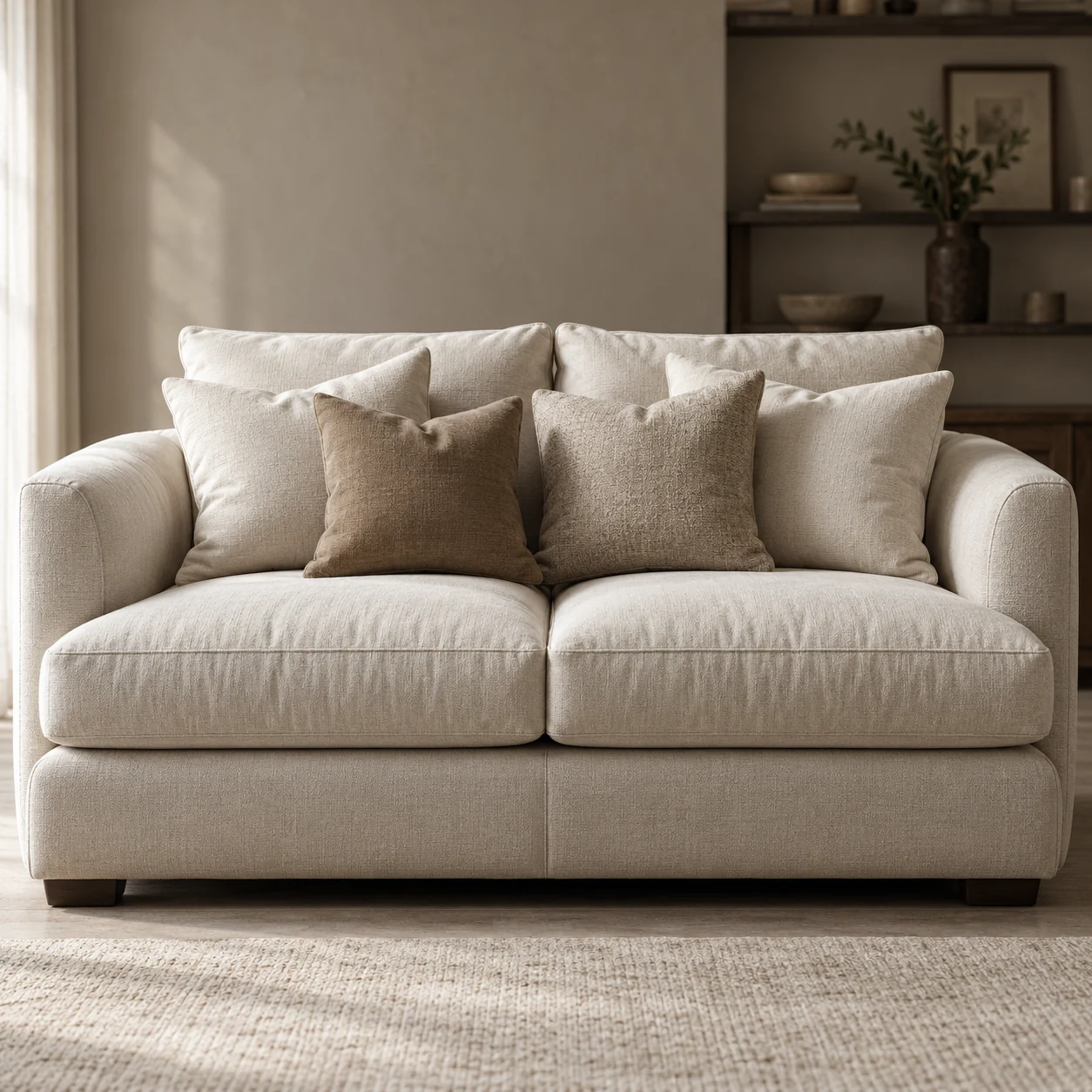 A cream upholstered Arhaus-style sofa