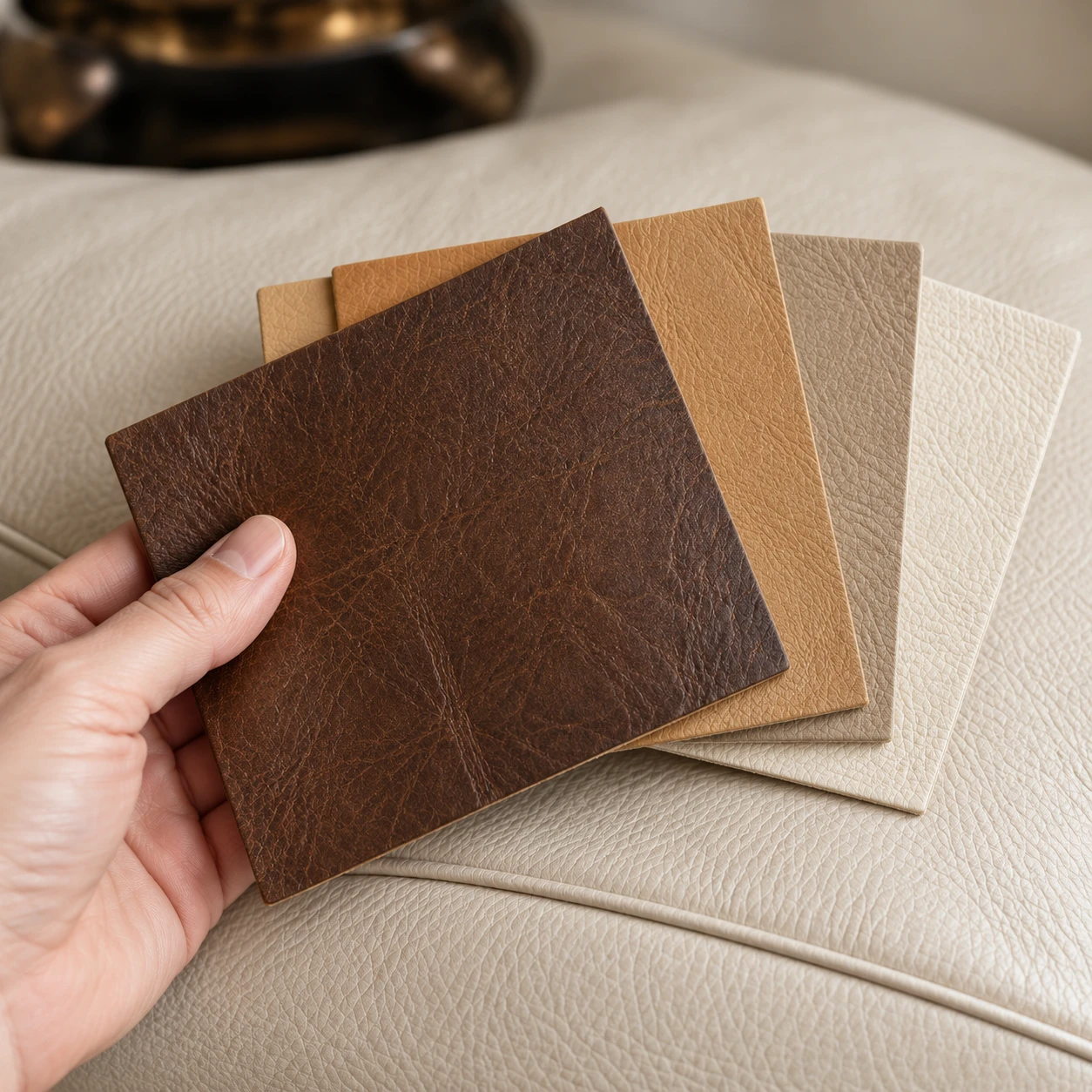 A hand holding four leather colour samples against a pale sofa