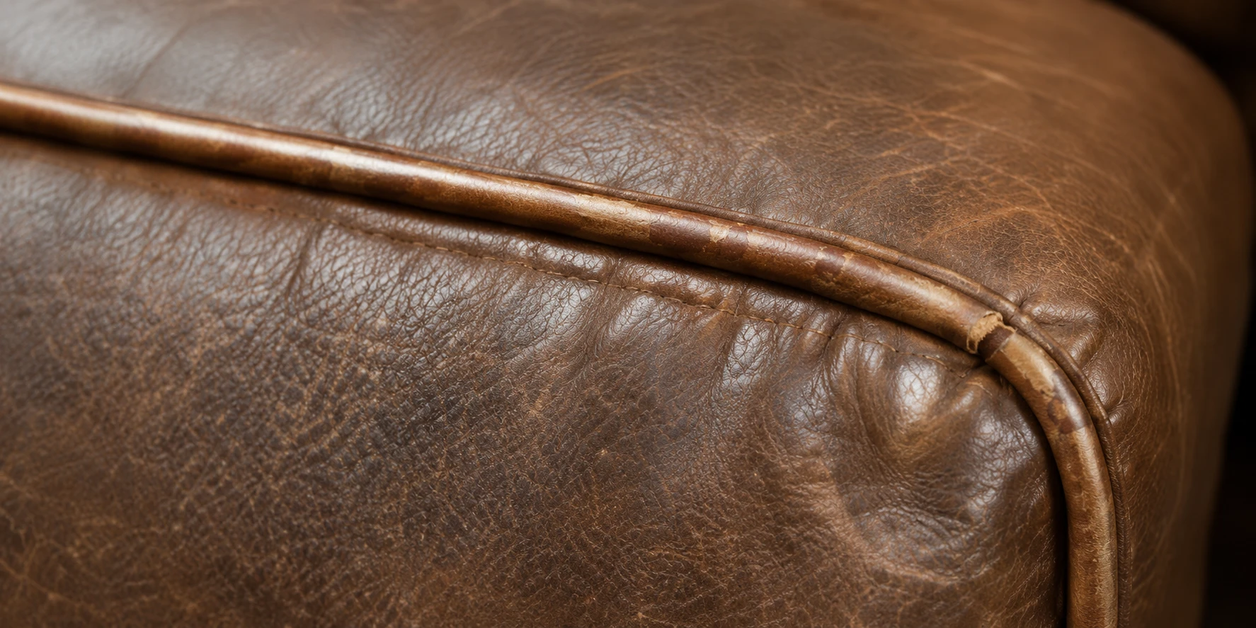 Worn, abraded piping running along the edge of a dark brown cushion