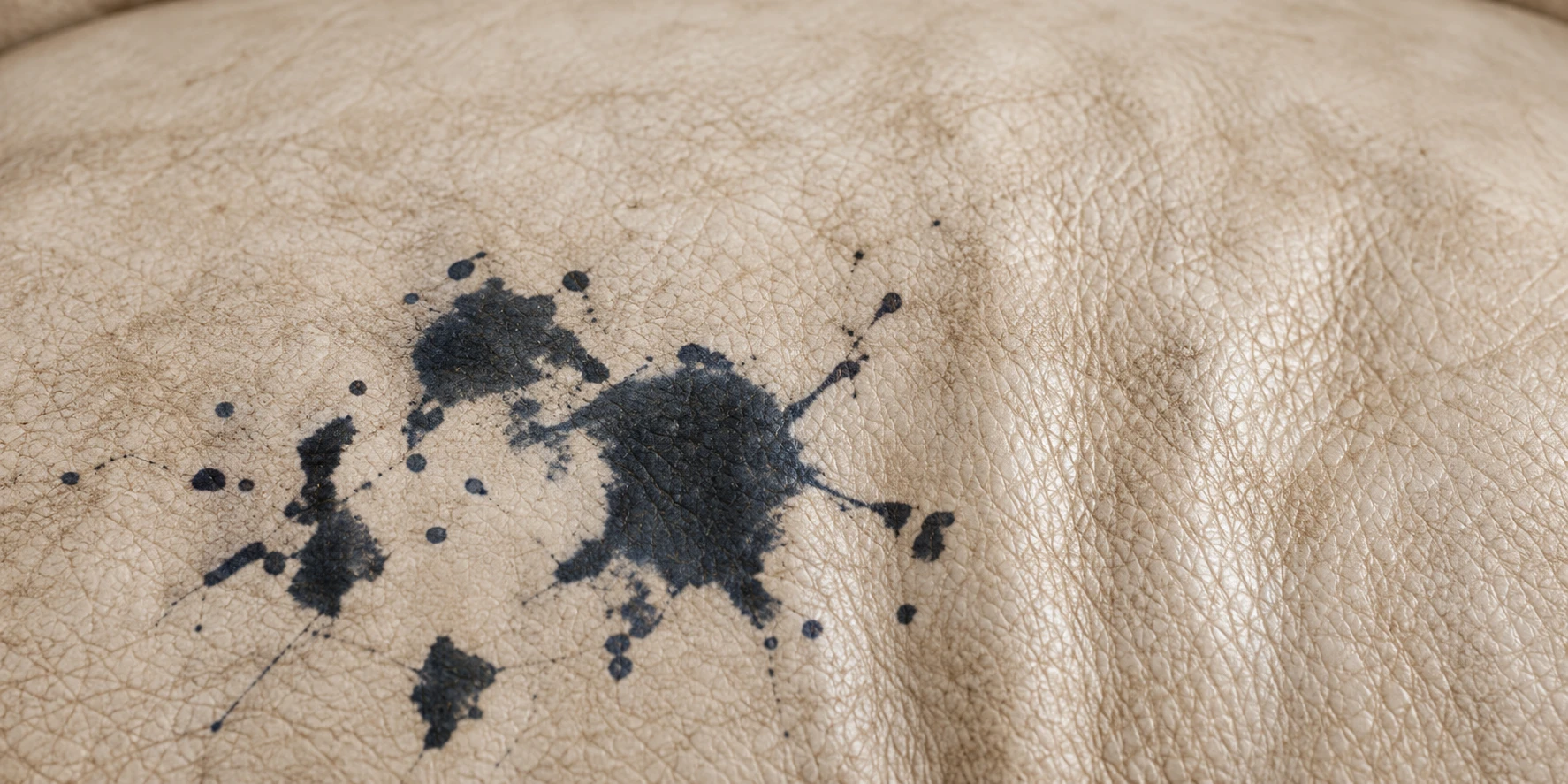 Dark ink splattered across a cream leather cushion