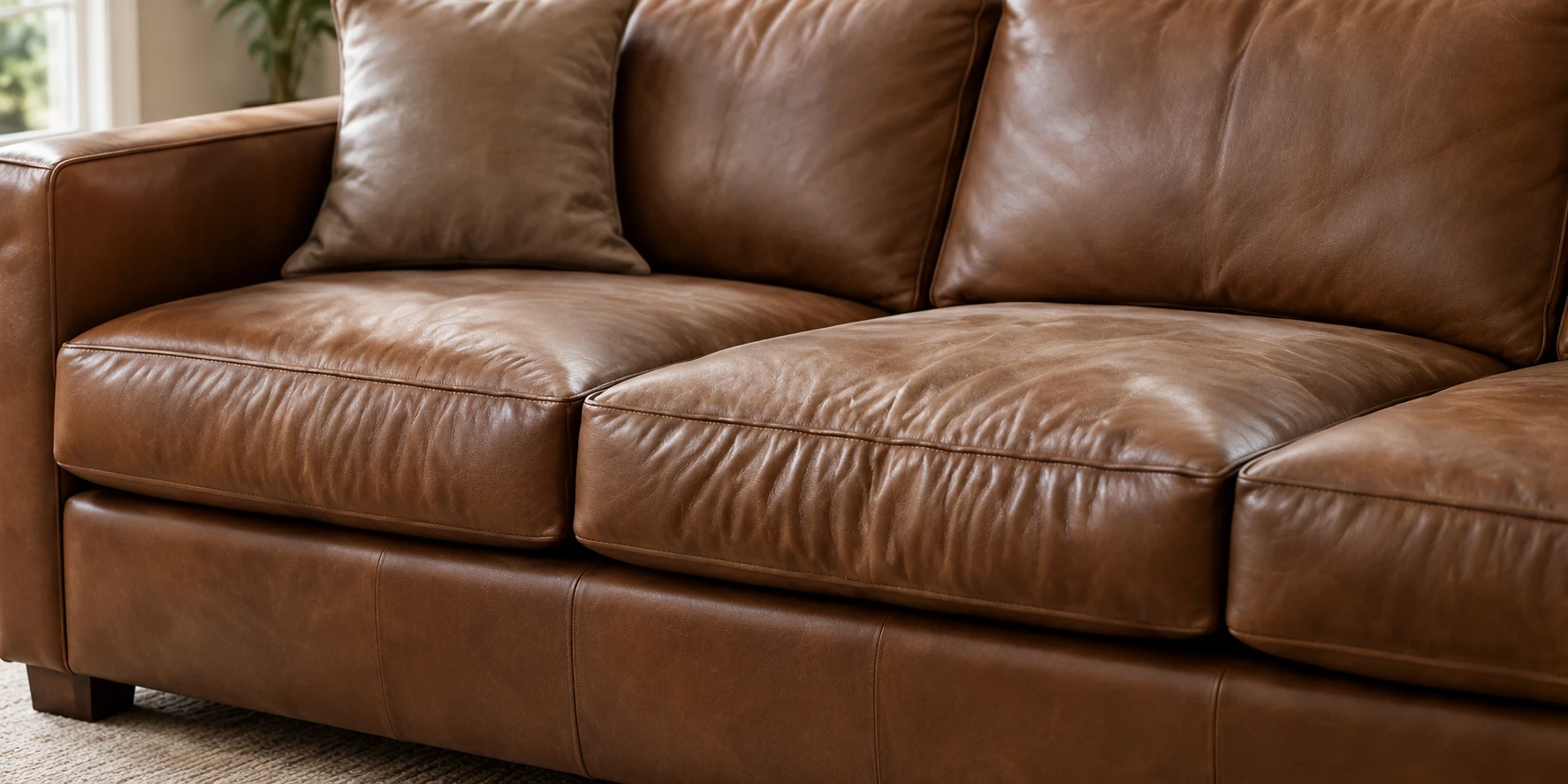 Collapsed, wrinkled seat cushions on a brown leather sofa