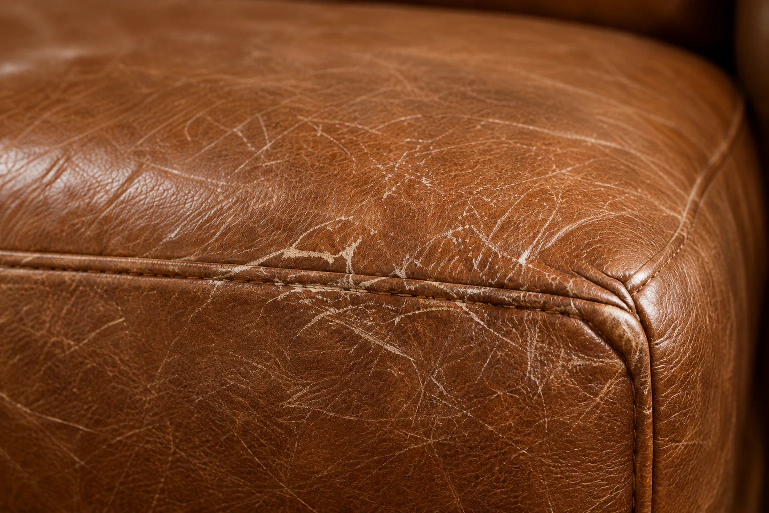 Pale scratches and scuffing across the front edge of a brown leather seat cushion