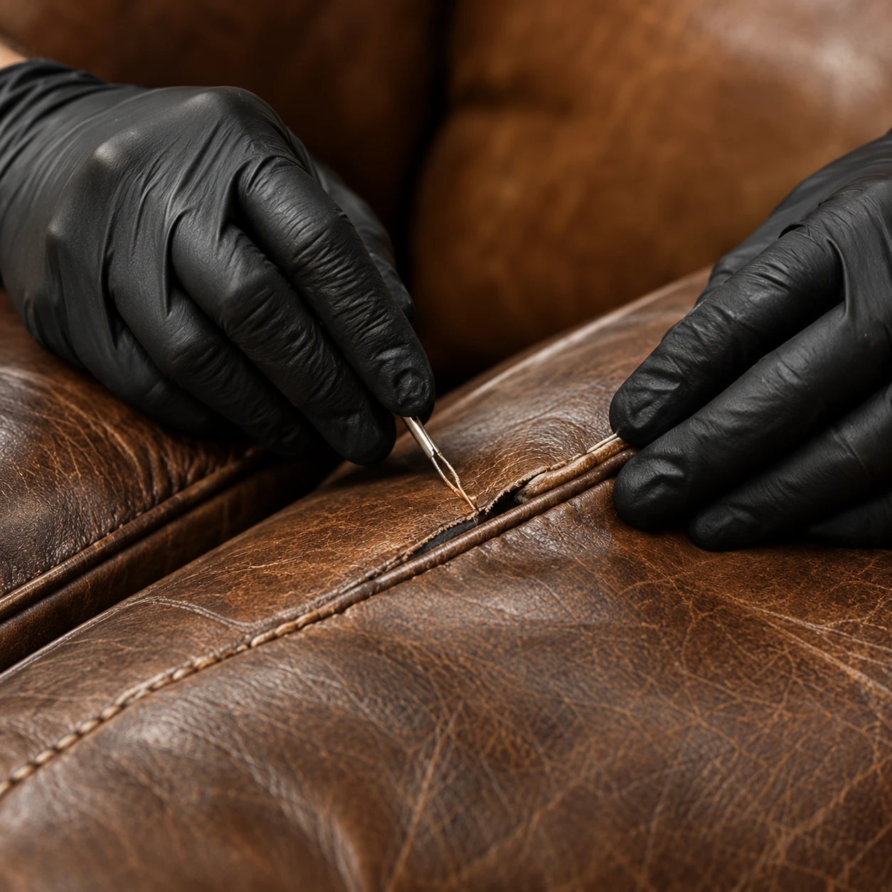 Gloved hands restitching a split seam on a brown leather sofa