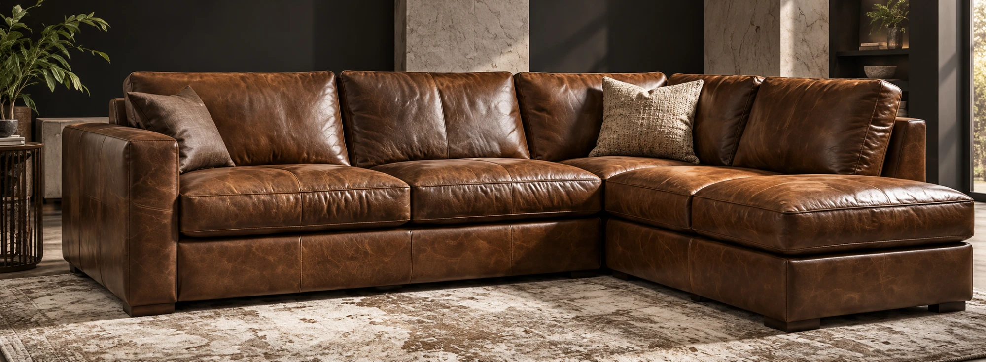 A large brown leather sectional in a dark panelled room