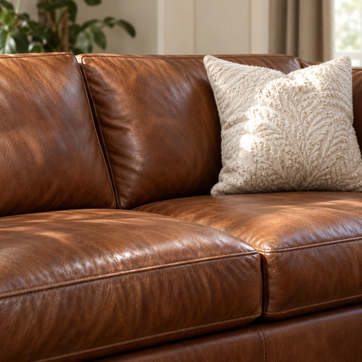 Arhaus leather sofa repair — a restored brown leather seat cushion and back cushion