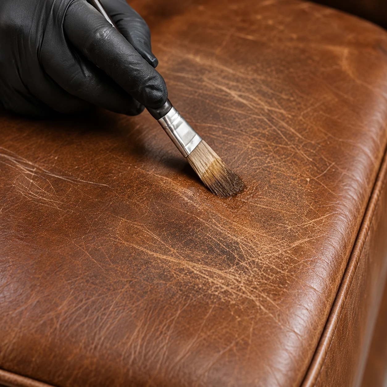 A gloved hand brushing repair compound into a scuffed brown leather arm