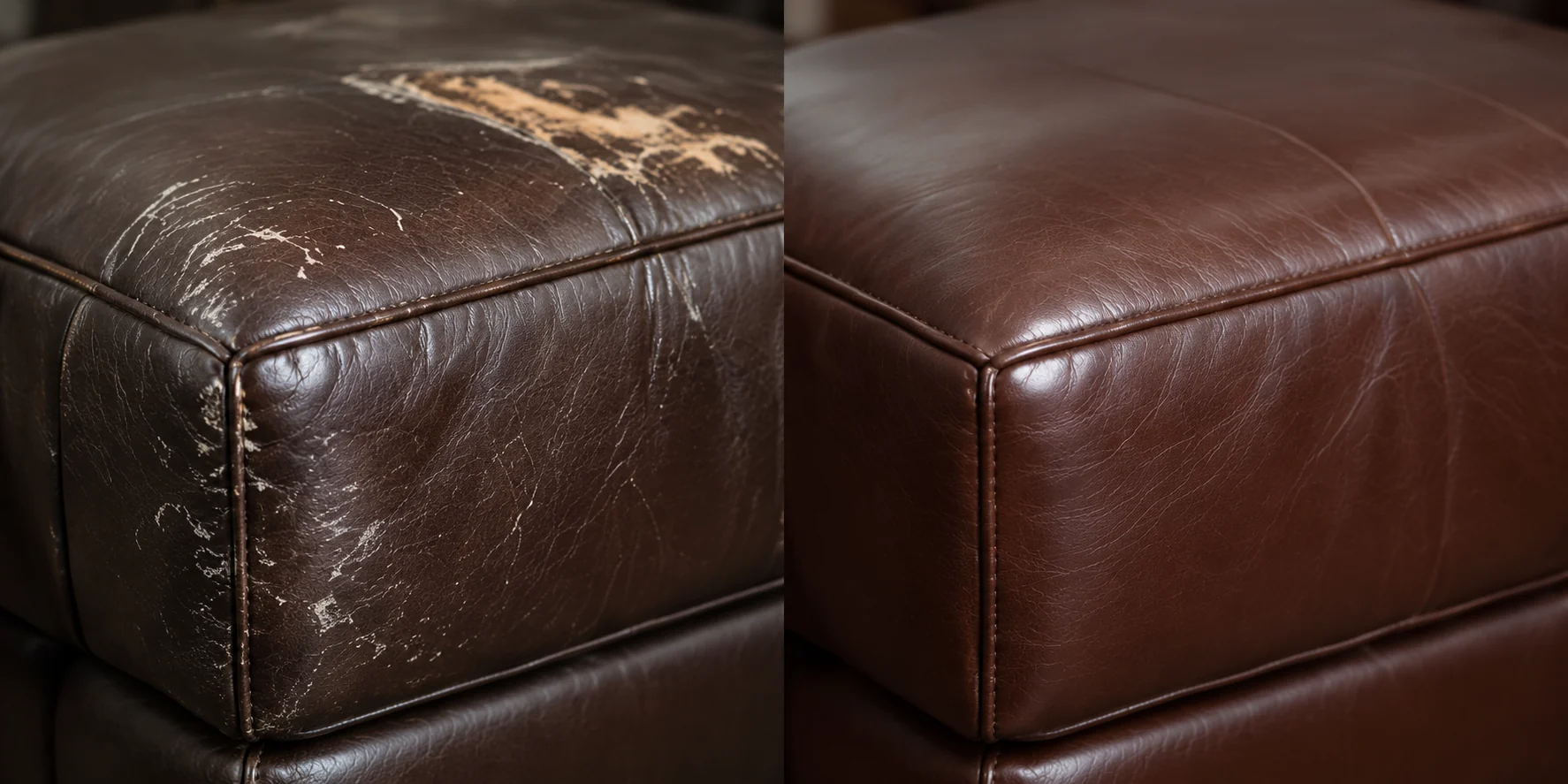 A scuffed dark brown leather ottoman corner before and after refinishing