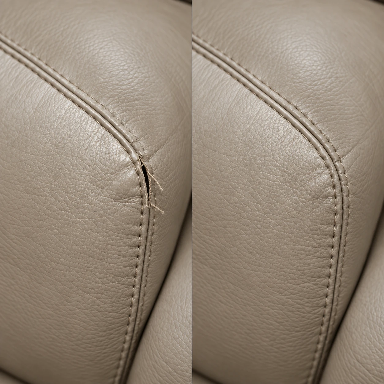 A split seam on a taupe leather sofa before and after restitching