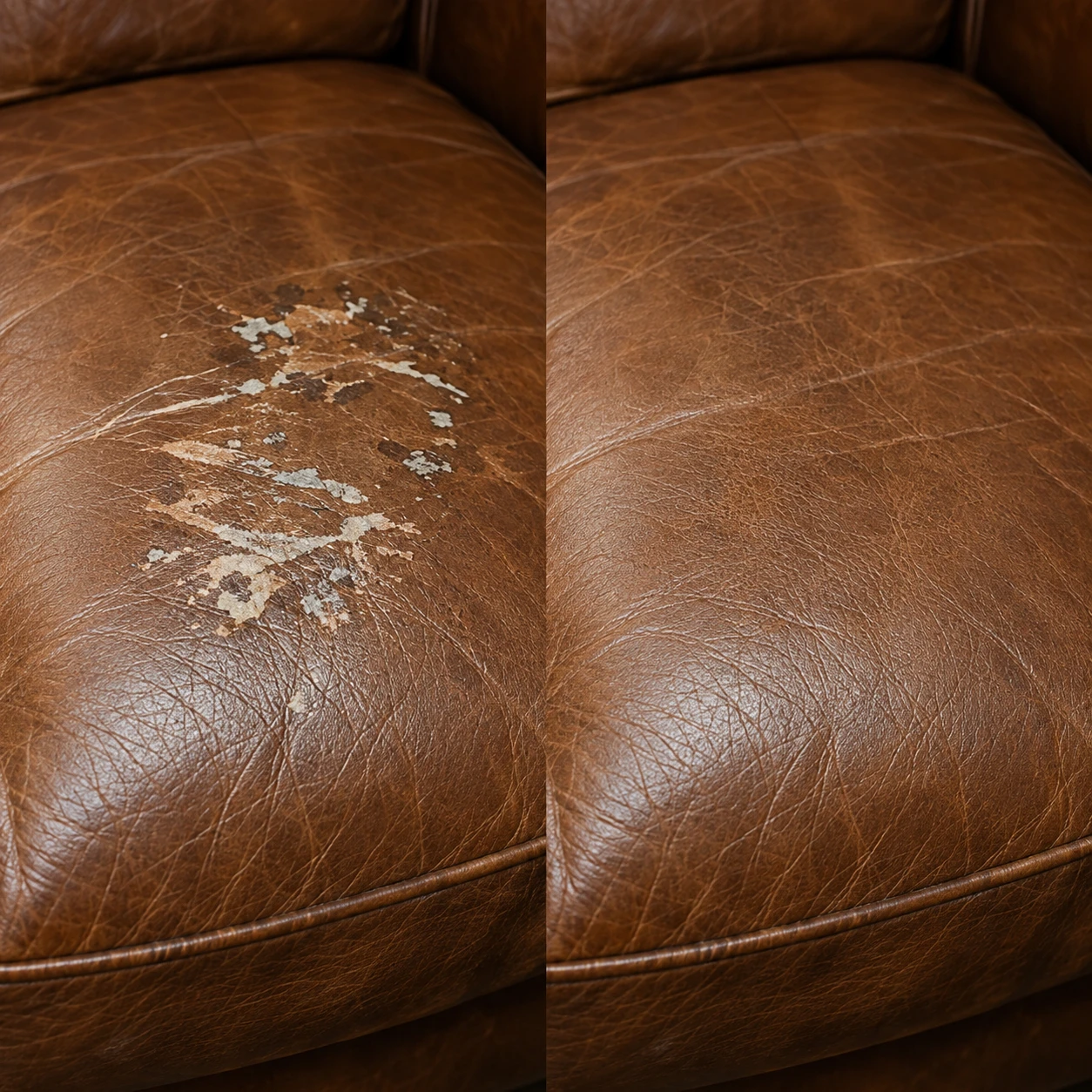Arhaus leather sofa repair before and after — a scuffed brown seat cushion and the same cushion repaired