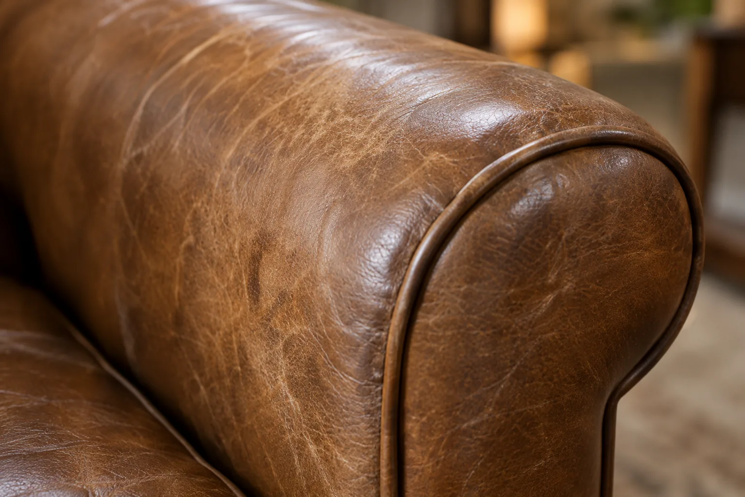 A rolled brown leather arm panel cut and fitted as a replacement section