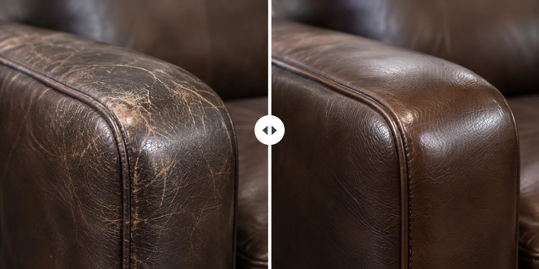 Scuffed brown leather armrest before and after the surface was refinished