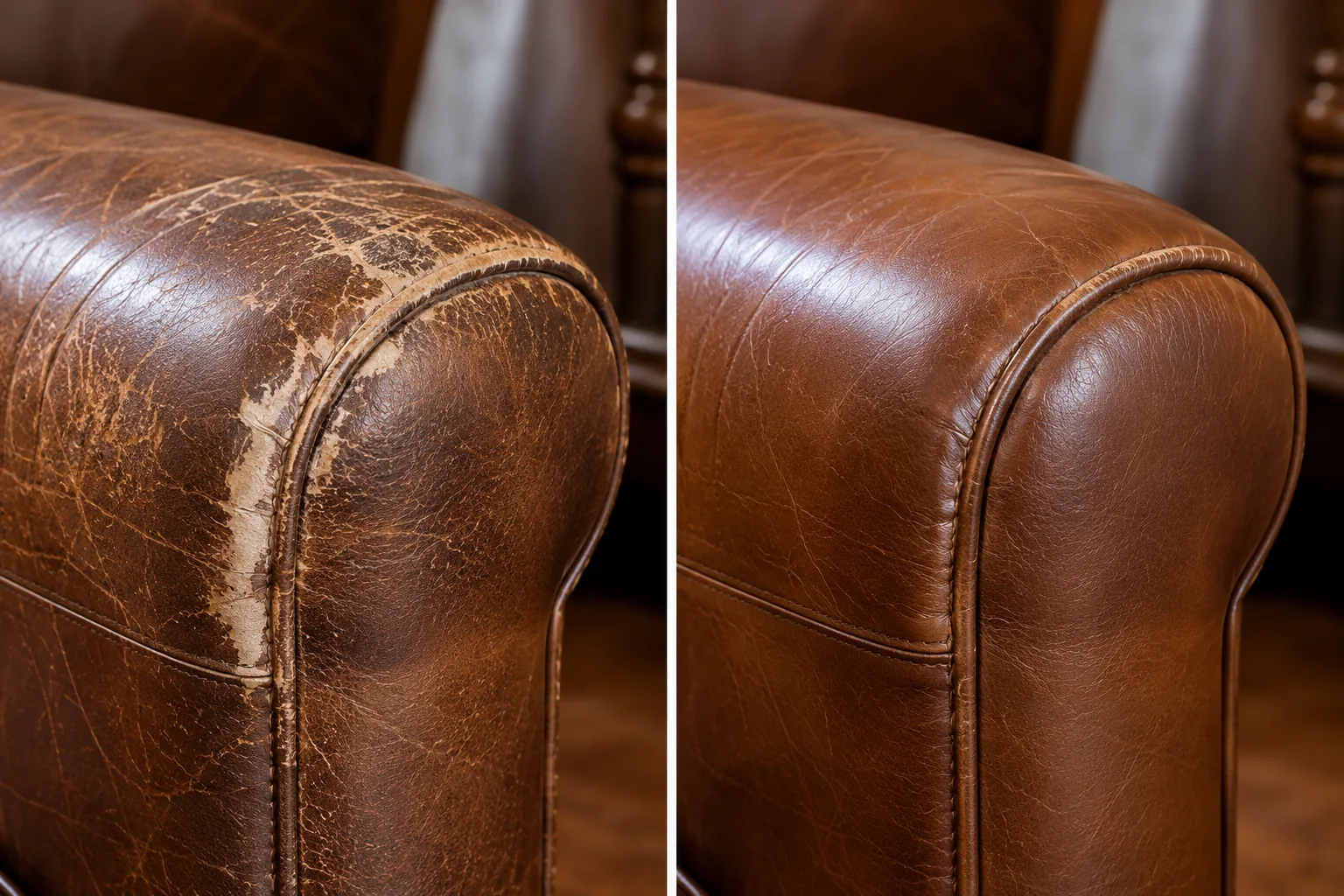 Faded brown leather armrest before and after color restoration