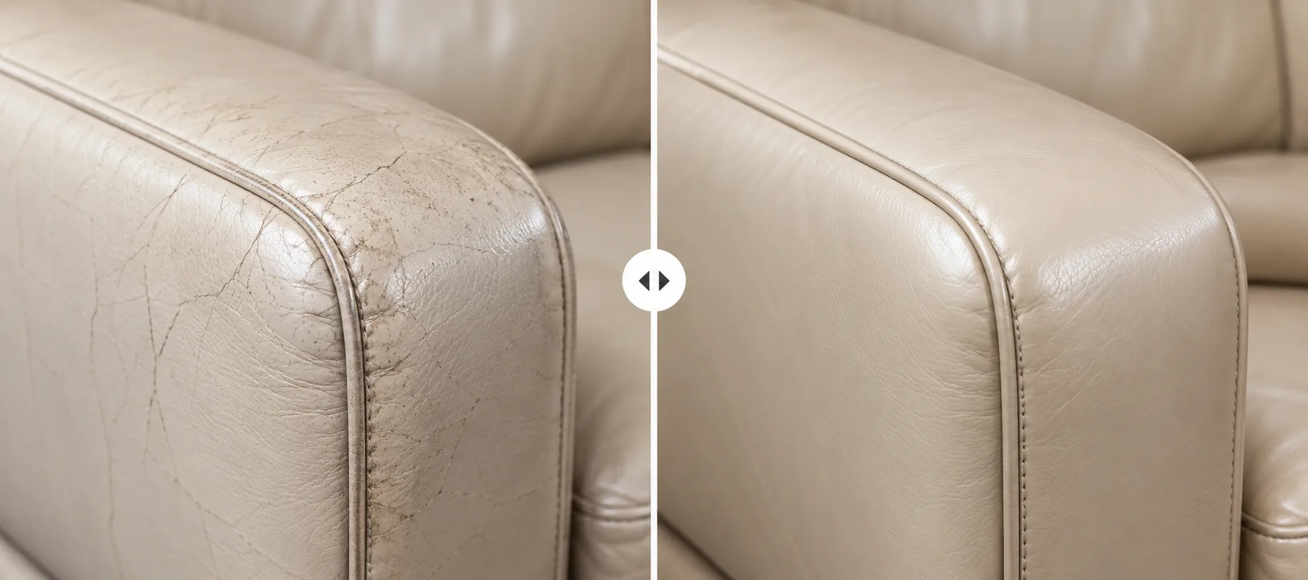 Cream leather armrest before and after crack repair and refinishing