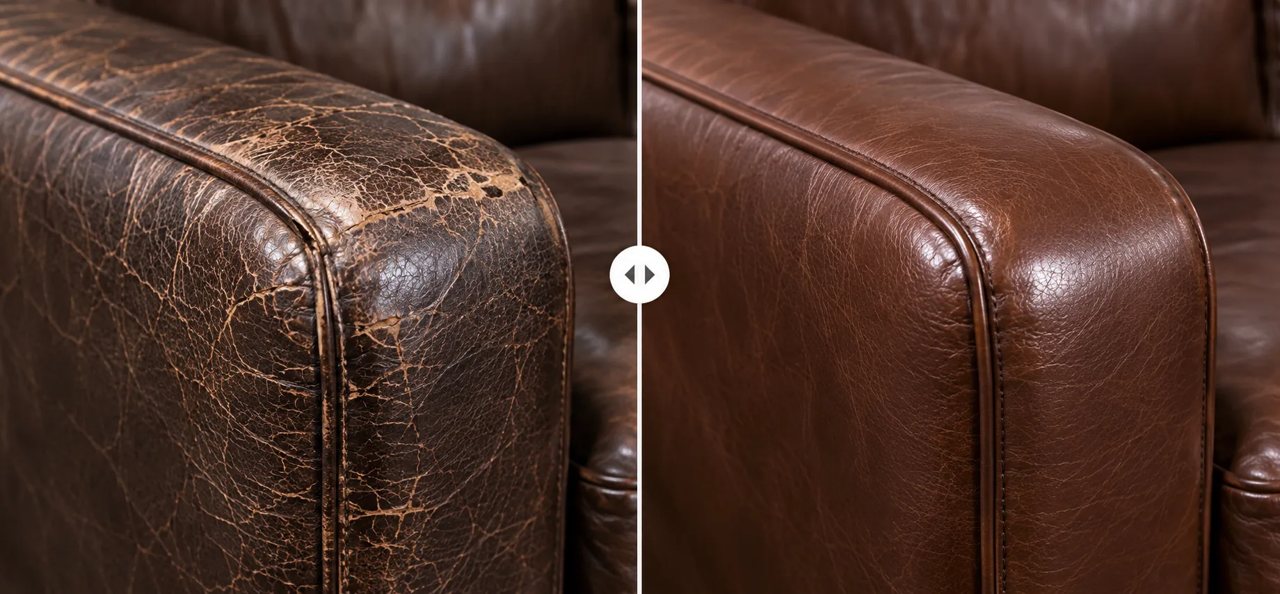 Heavily cracked dark brown leather armrest before and after restoration