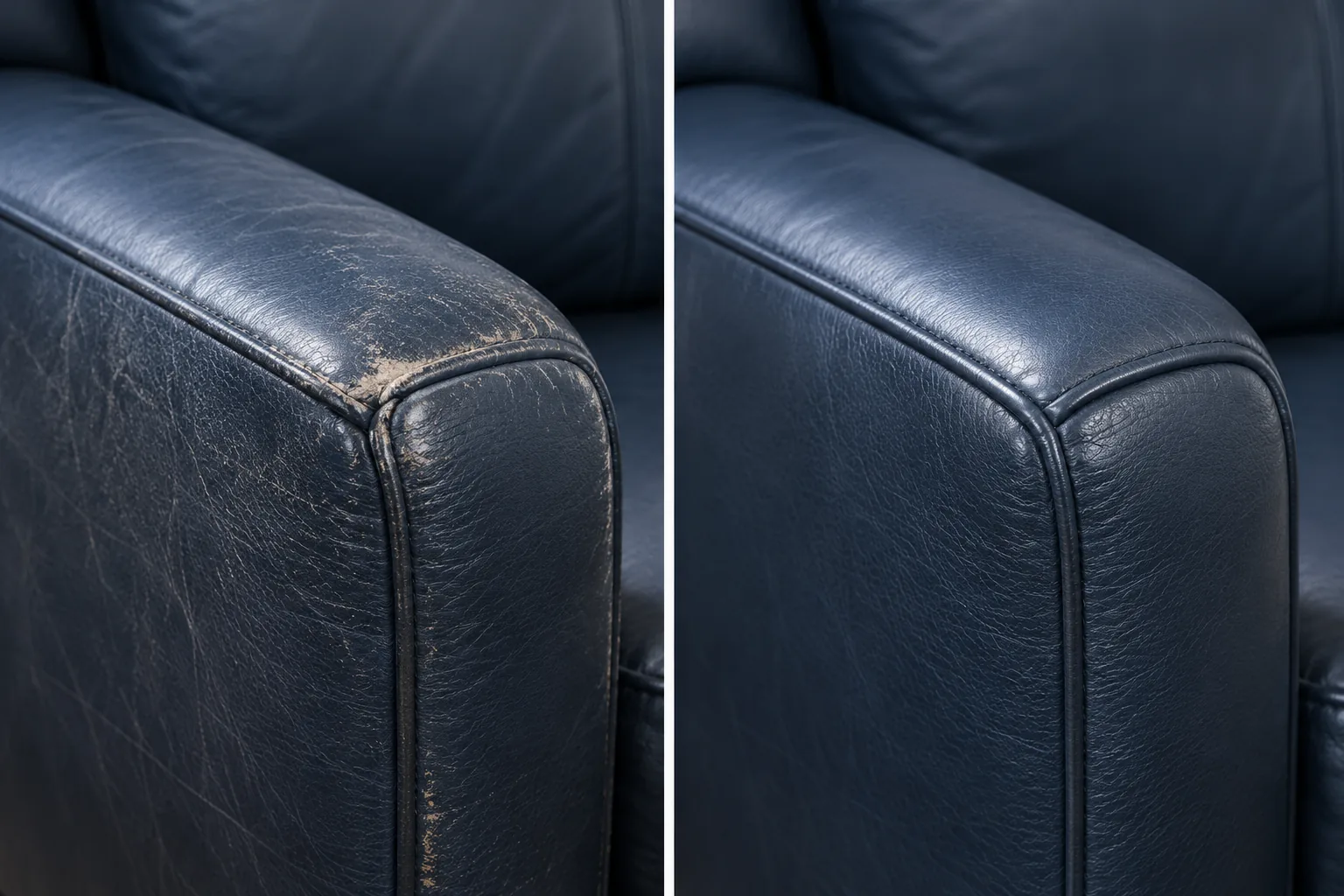 Navy leather armrest before and after the padding was rebuilt