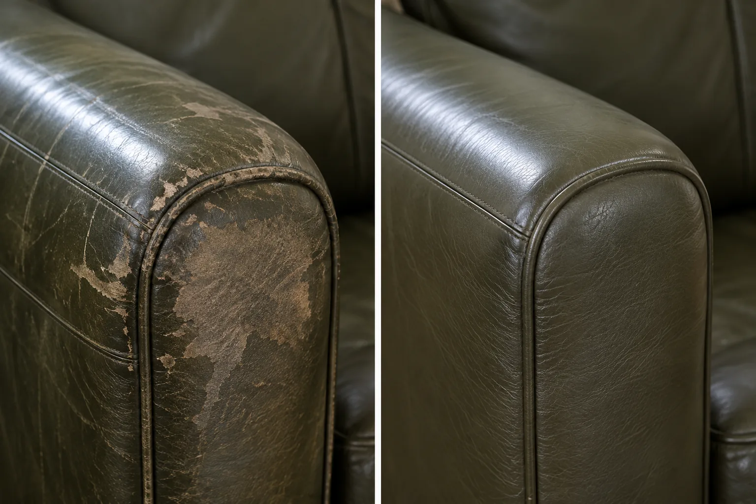 Green leather armrest before and after a worn panel was replaced