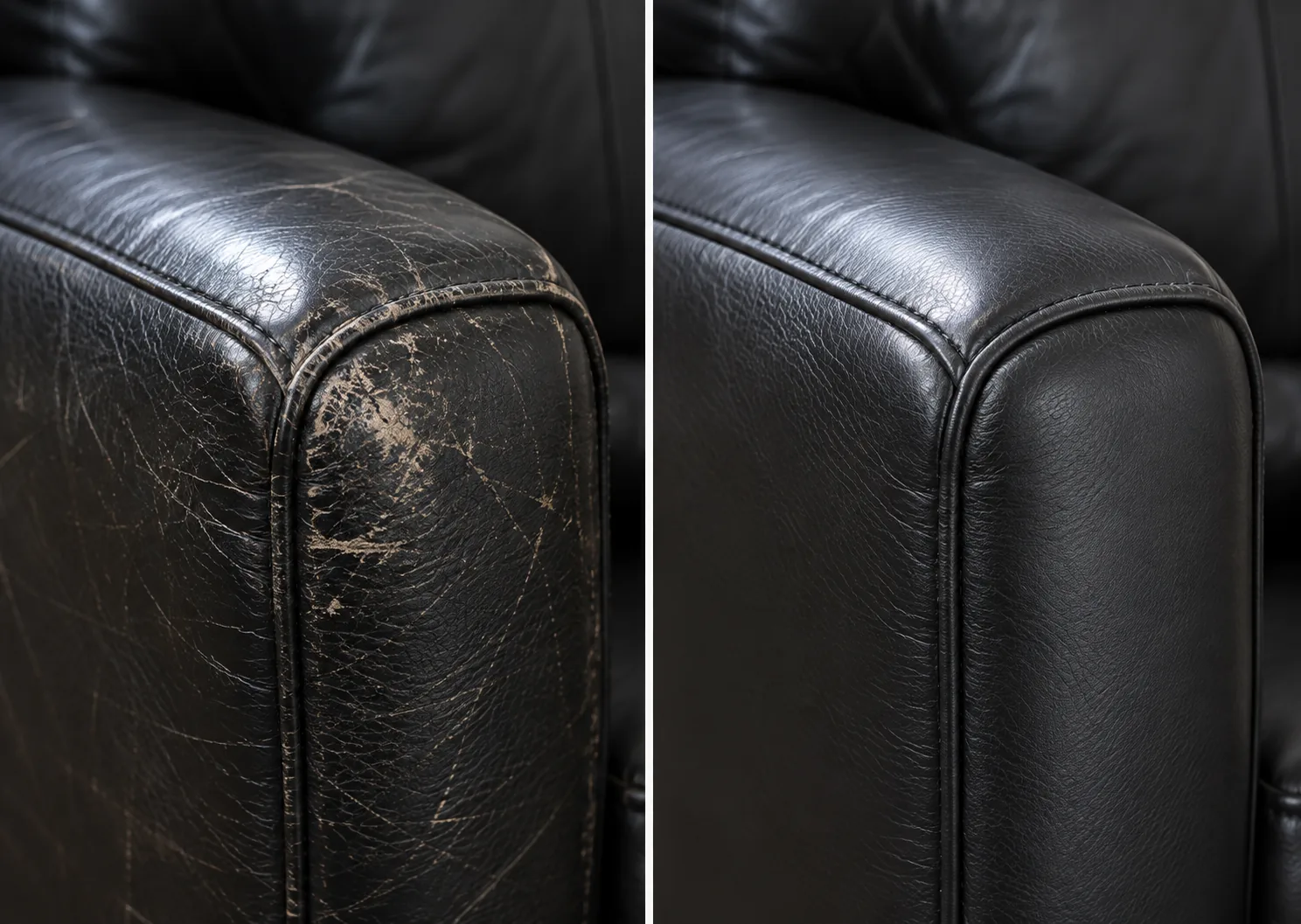 Black leather armrest before and after scratch repair