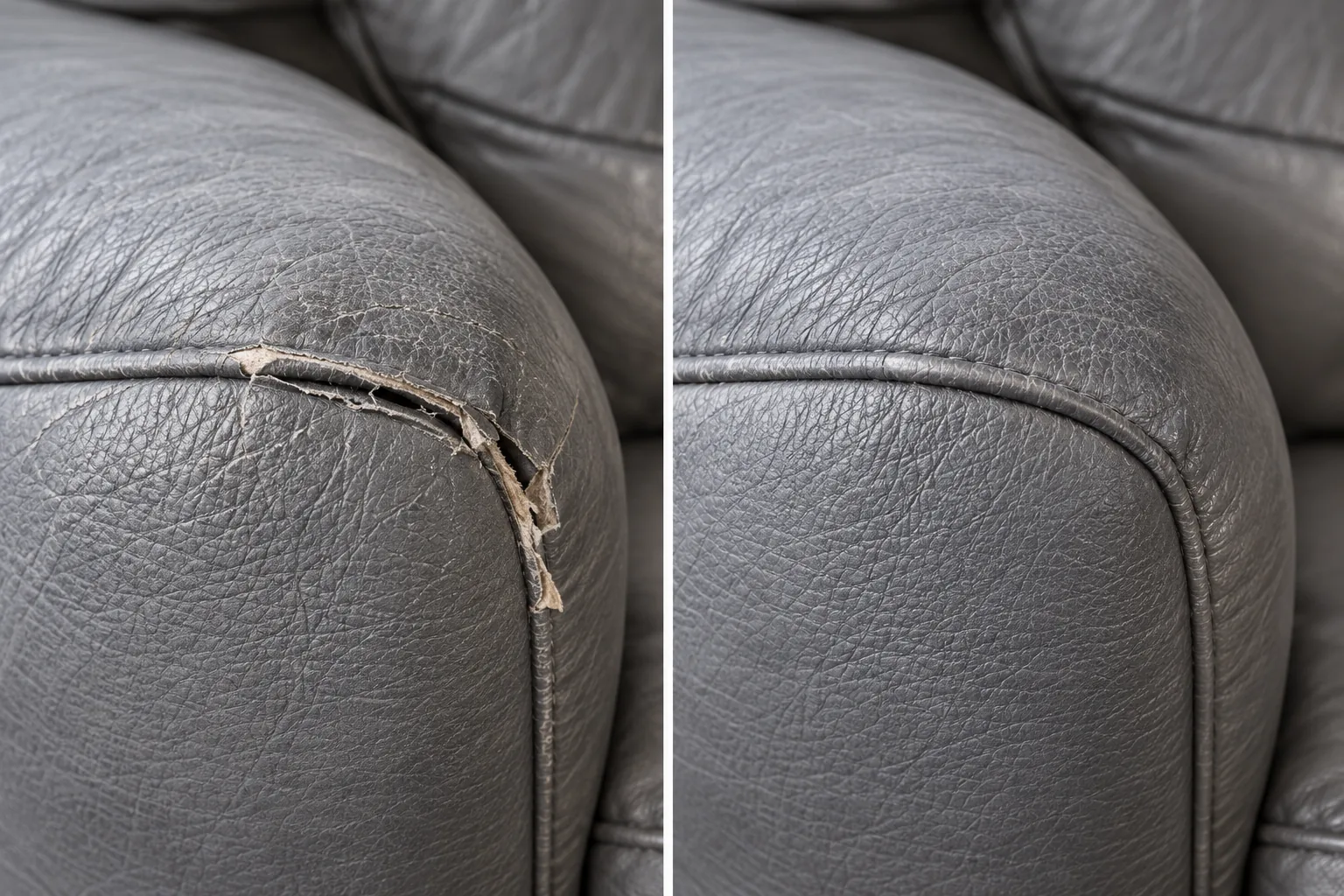 Grey leather armrest before and after an open seam was restitched